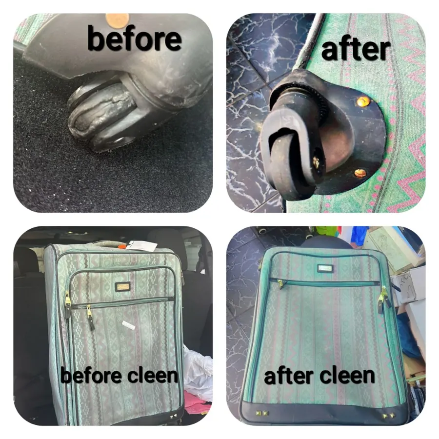 Before and after: worn suitcase wheels replaced and the case cleaned