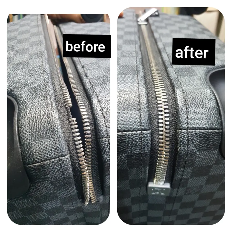 Before and after: a burst zip on a monogram suitcase, replaced with a new zip